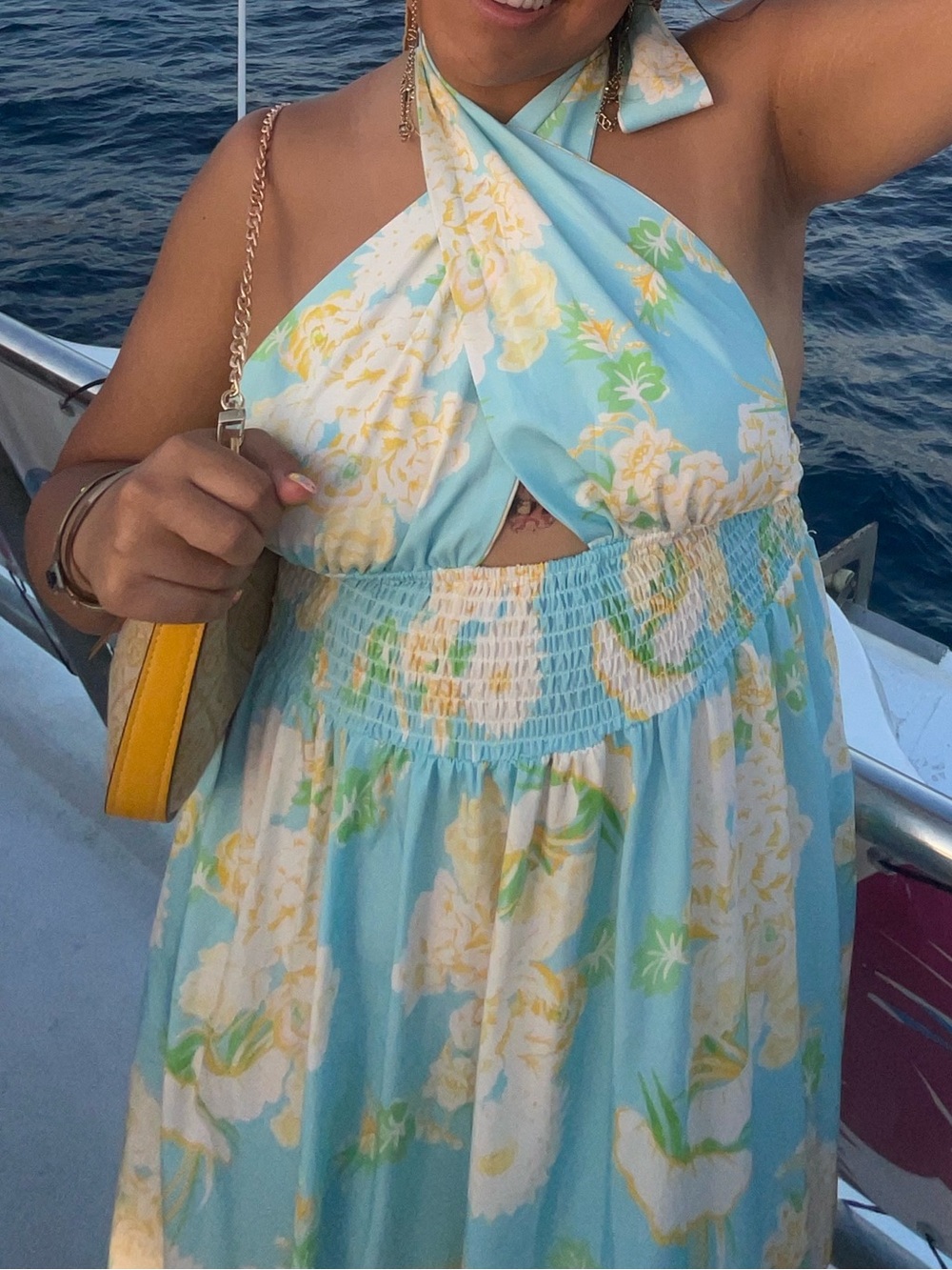Powder Blue Halter Dress with Yellow and White Flowers